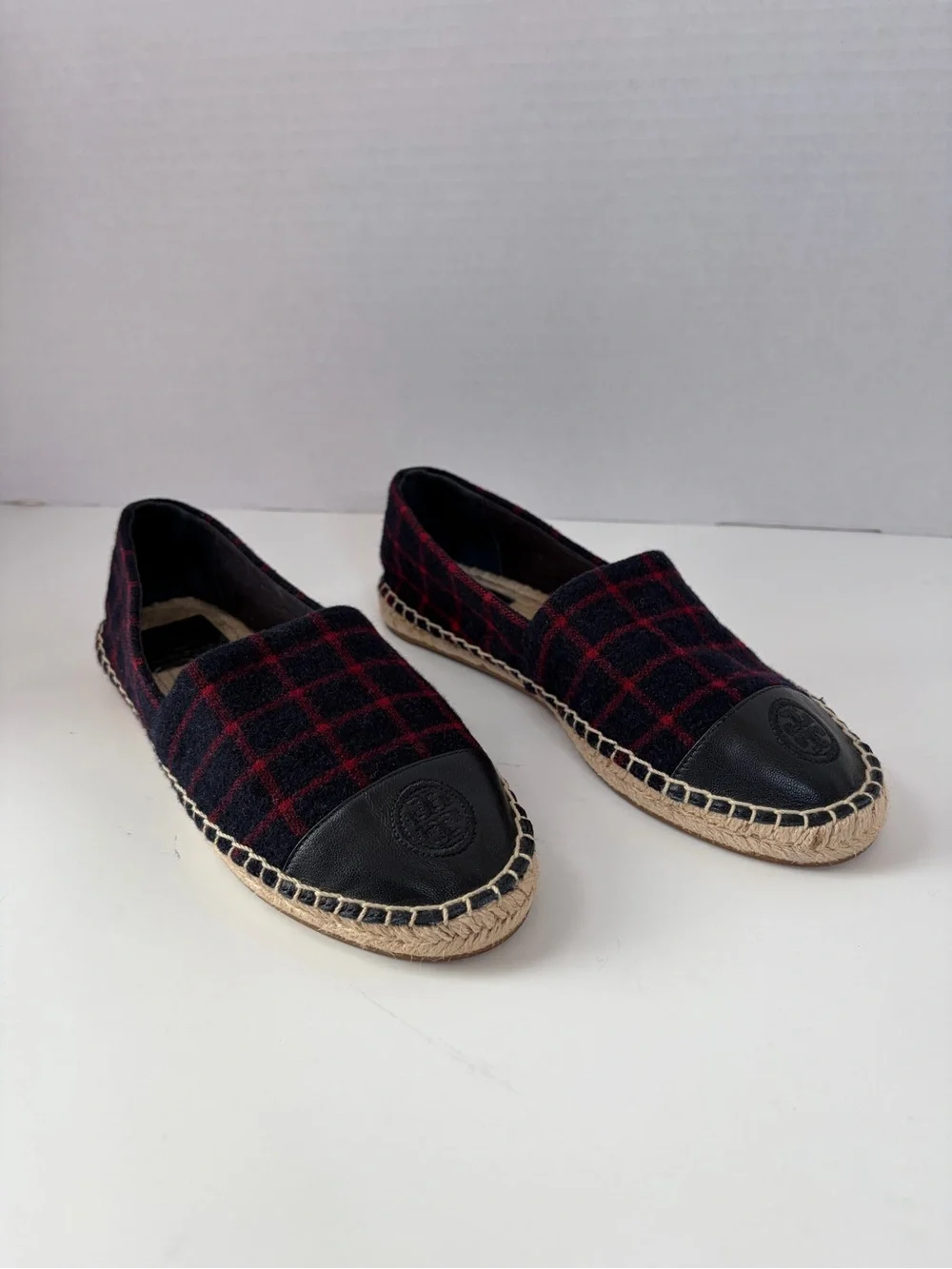 Tory Burch Plaid Espadrilles Colorblock Checked Wool Leather Navy Red Size 9
